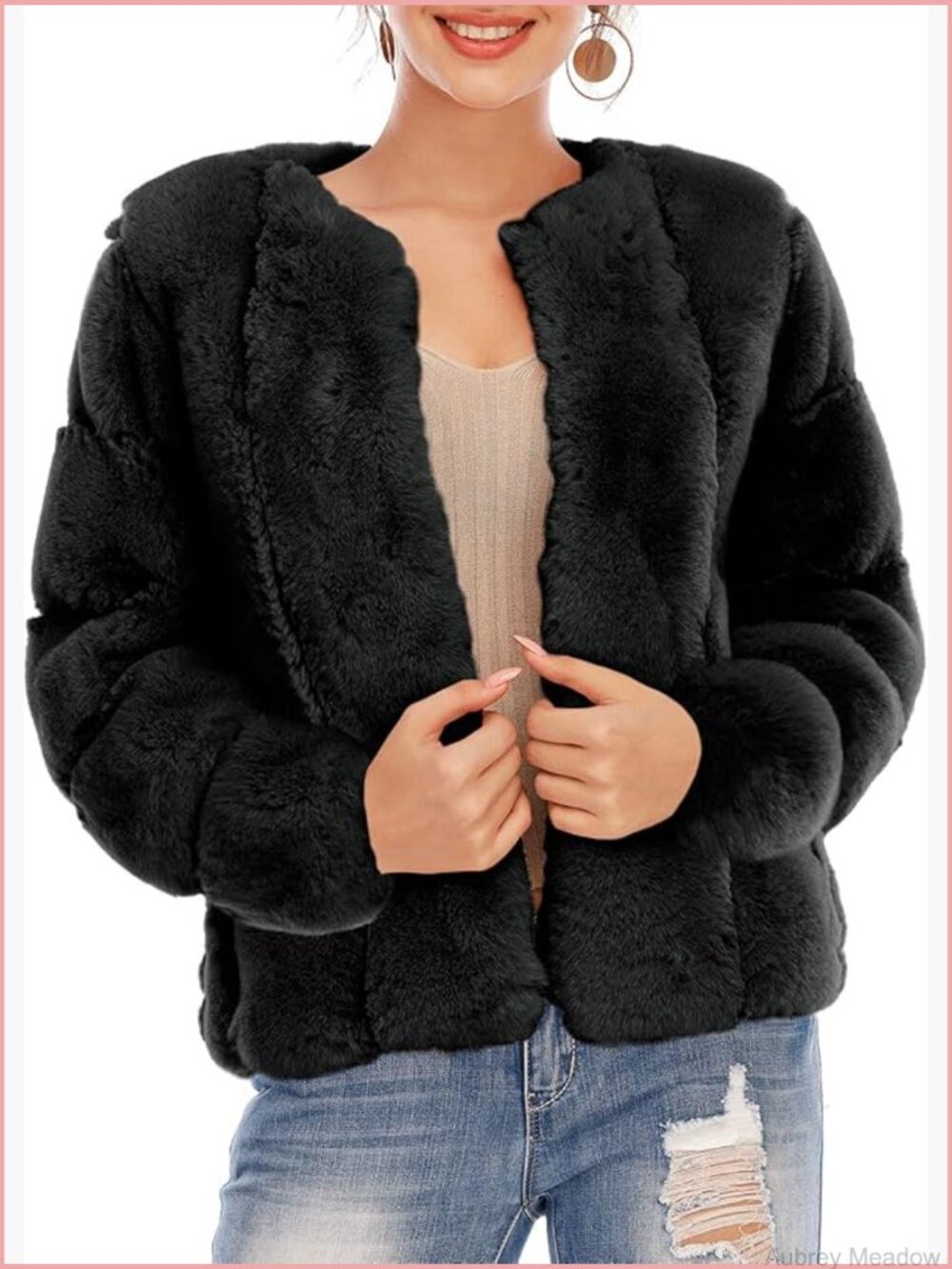 Long Sleeve Open Front Faux Fur Coat Warm Fuzzy Jacket
